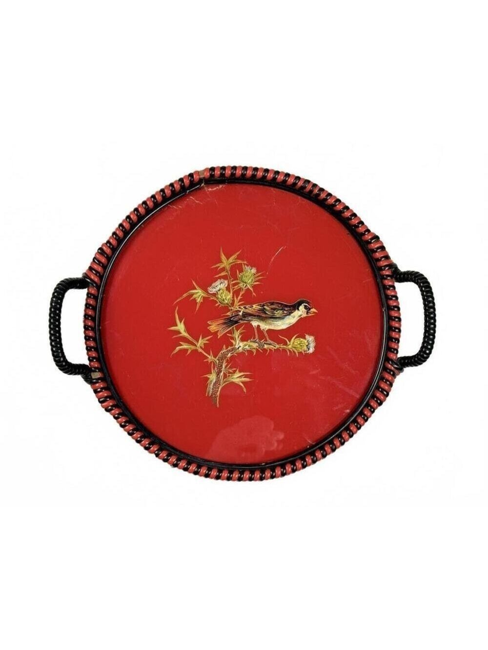 Vintage German US Zone Red Black Celluloid Goldfinch Bird Tray Bobbin Handle - Picture 1 of 13
